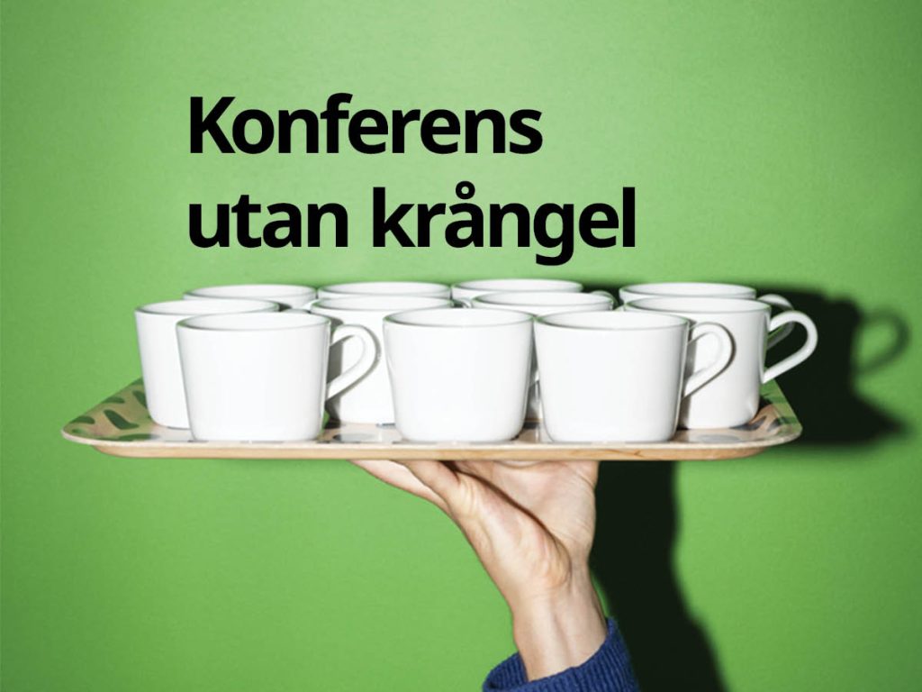 En hand som håller i en bricka full ac kaffekoppar. bakgrunden är grön och ovanför brickan syns texten